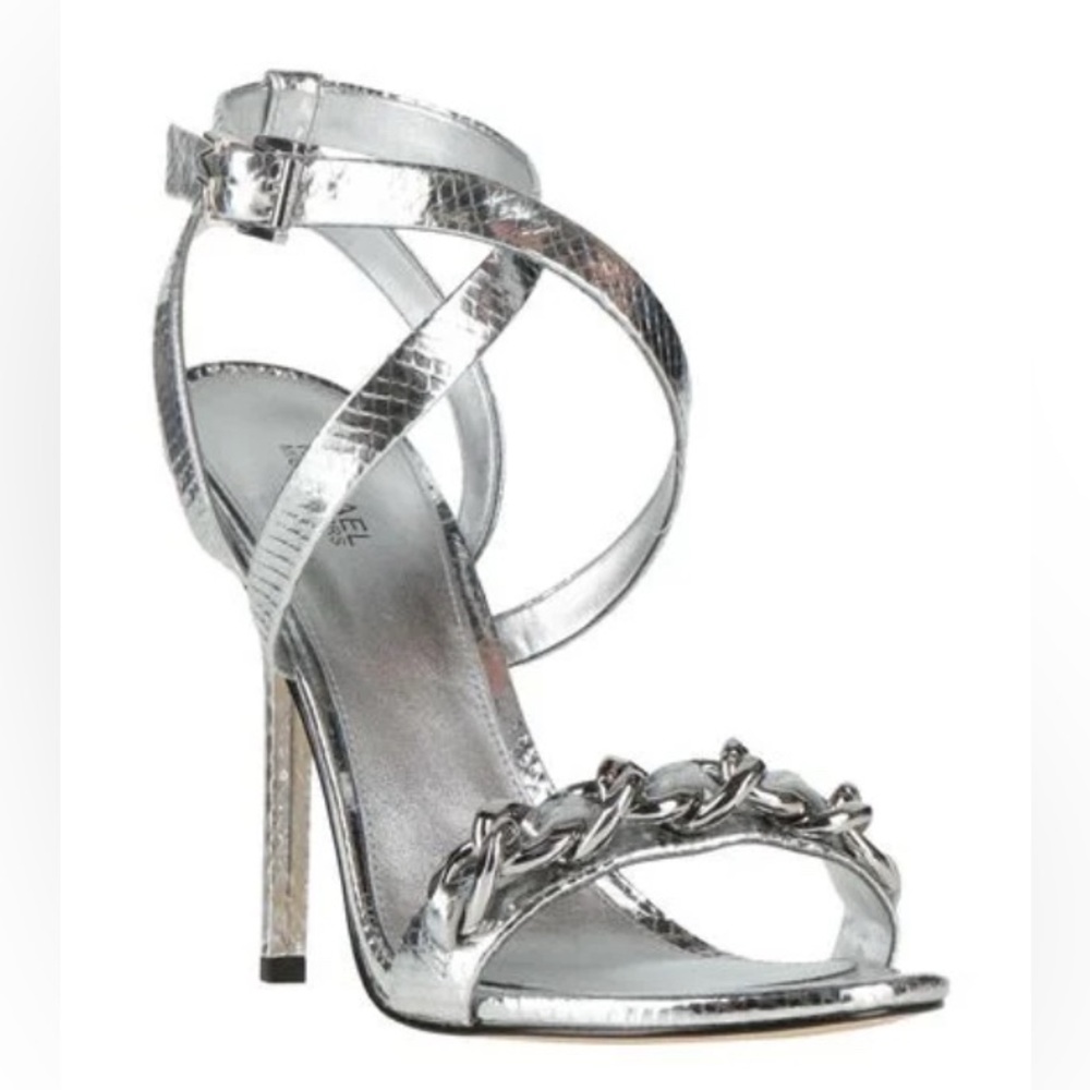 Michael Kors Silver High Heel Leather Sandal - Chain Front/Strappy/Size 7